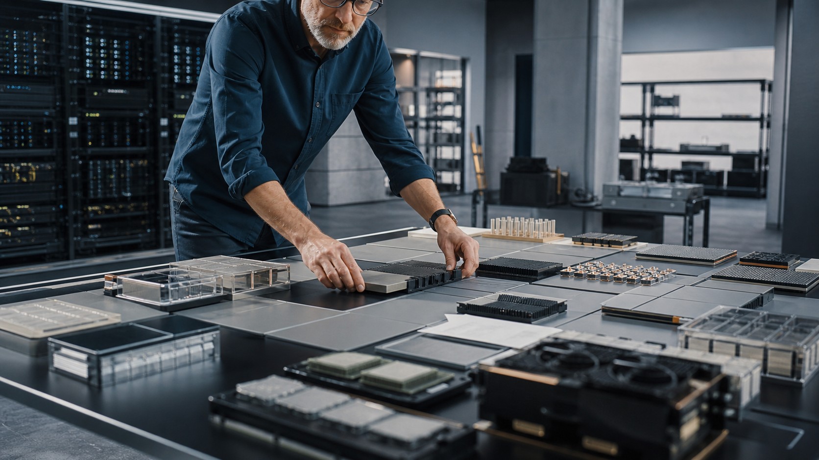 Senior engineer arranging modular AI system architecture components