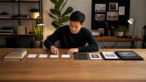 Learner arranging blank milestone cards from study materials to portfolio artifacts