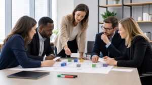 Professionals discussing an AI workflow with blank cards and colored blocks