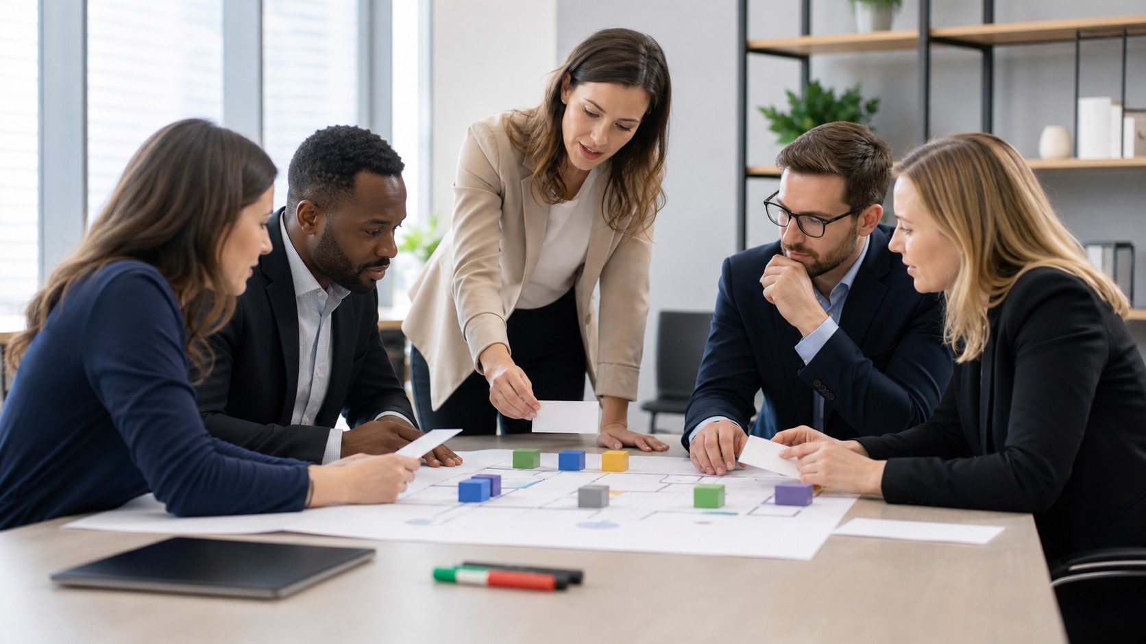 Professionals discussing an AI workflow with blank cards and colored blocks