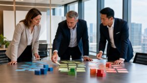 Business leaders arranging strategy cards and colored blocks in a boardroom