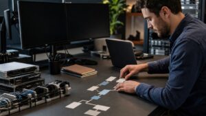 Developer arranging blank roadmap cards beside server hardware and dark monitors