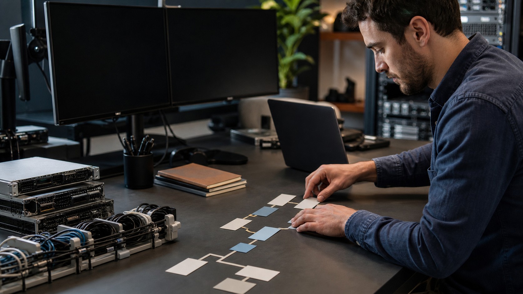 Developer arranging blank roadmap cards beside server hardware and dark monitors