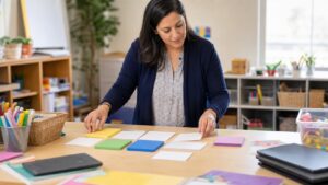 Educator arranging blank lesson-planning cards and classroom materials