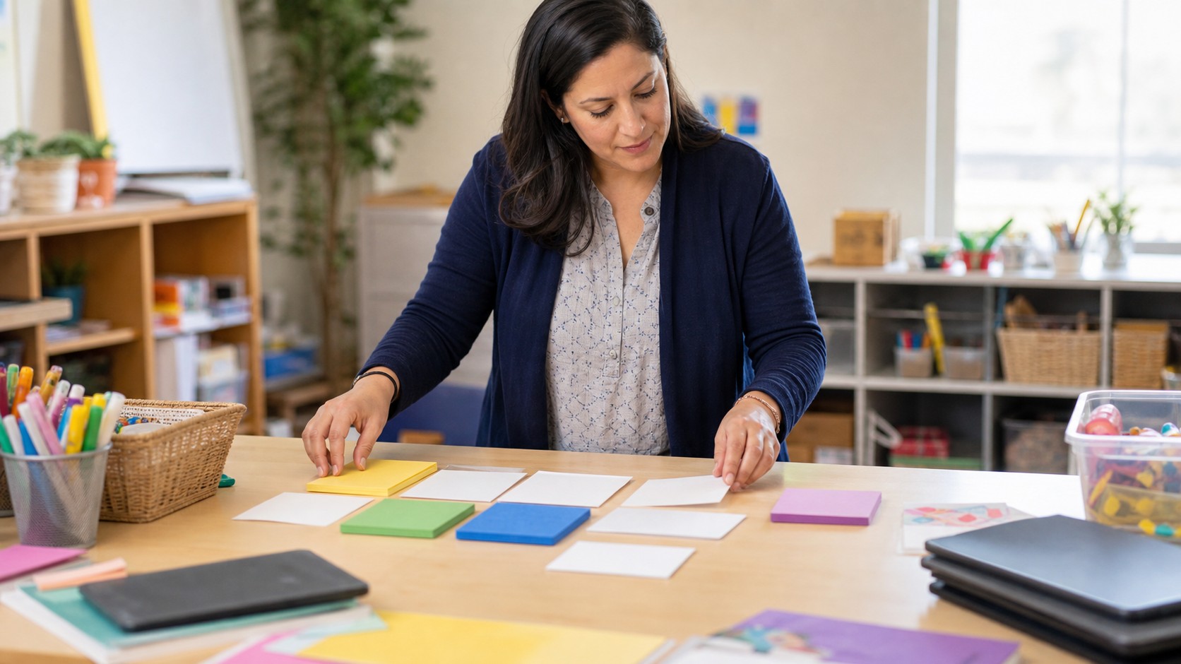 Educator arranging blank lesson-planning cards and classroom materials