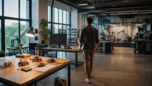 Learner moving through a large hands-on technology workshop with progressively more advanced AI stations