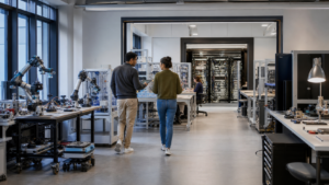 Three nested work areas representing artificial intelligence machine learning and deep learning in a modern laboratory