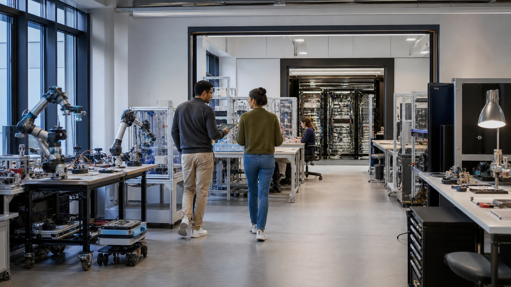 Three nested work areas representing artificial intelligence machine learning and deep learning in a modern laboratory