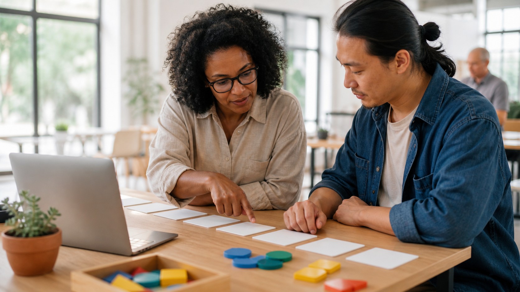 Mentor guiding a beginner through blank learning cards at a table