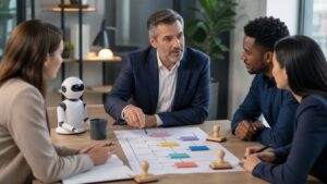 Manager reviewing a team workflow map with colored task blocks