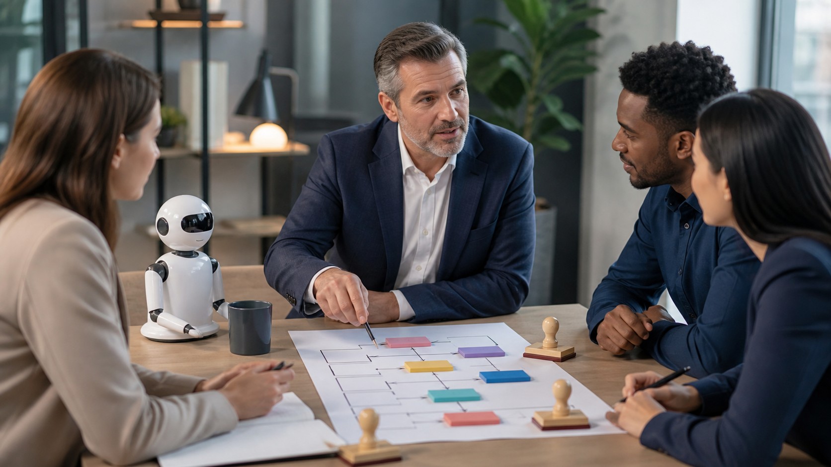 Manager reviewing a team workflow map with colored task blocks