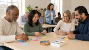 Adult beginners sorting blank cards and tokens during an AI learning workshop