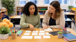 Two teachers reviewing blank classroom activity cards together