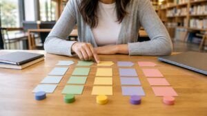Beginner selecting one of several blank color-coded AI learning paths