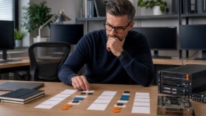 Software developer comparing AI learning path cards beside server hardware