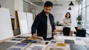 Professional reviewing portfolio artifacts for AI career development
