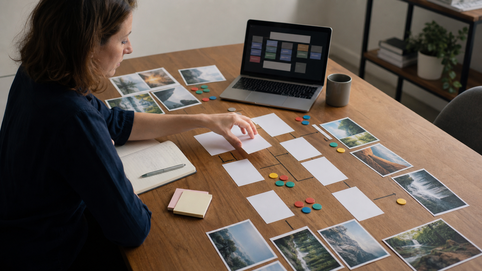 Nontechnical professional evaluating an artificial intelligence workflow using cards and a no-code interface