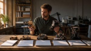 Adult learner reviewing progress on an AI project at different stages of a long study session