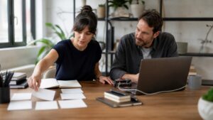 Learner and mentor moving from study cards to a hands-on AI prototype