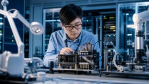 AI engineer testing a compact prototype in a technical lab