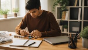 Learner assembling small project modules at a tidy home office desk