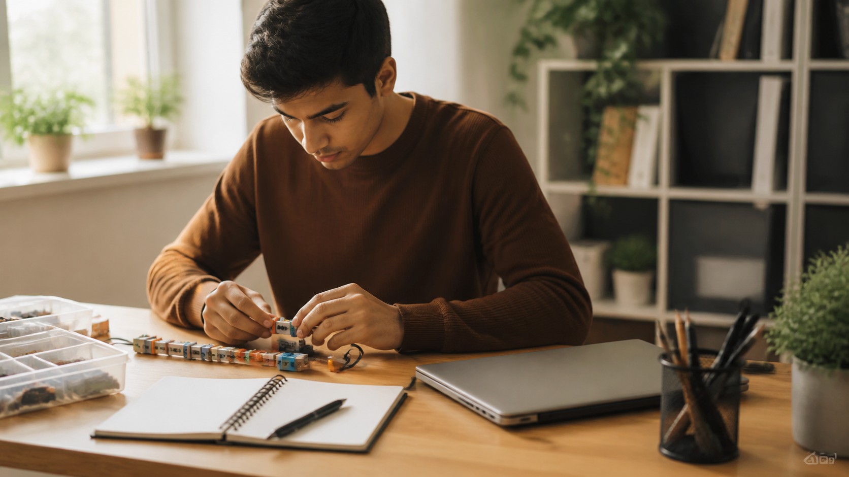 Learner assembling small project modules at a tidy home office desk