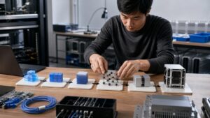 Aspiring AI engineer arranging system components from data blocks to deployment hardware