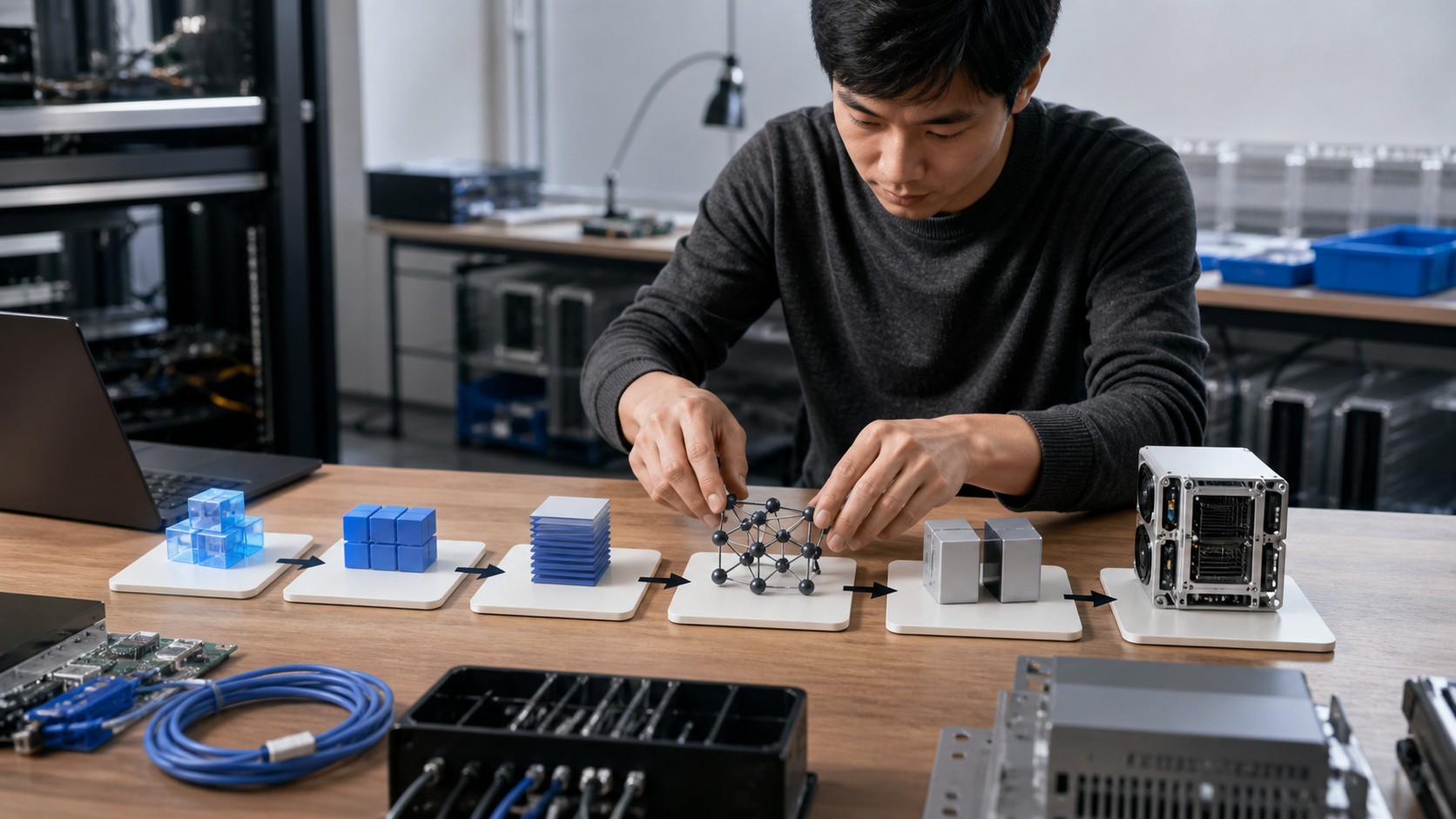 Aspiring AI engineer arranging system components from data blocks to deployment hardware