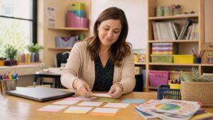 Teacher arranging blank AI learning cards in a classroom planning corner