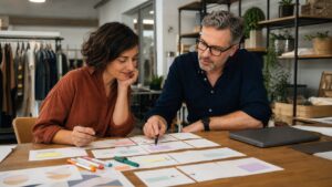 Business owner and advisor mapping a workflow with blank cards and markers