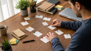 Learner arranging blank cards into a winding AI study roadmap