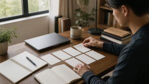 Home self-study desk with blank planning cards, notebooks, and a closed laptop