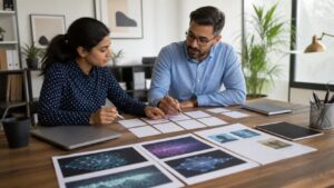 Aspiring AI professional arranging blank career route cards with a mentor