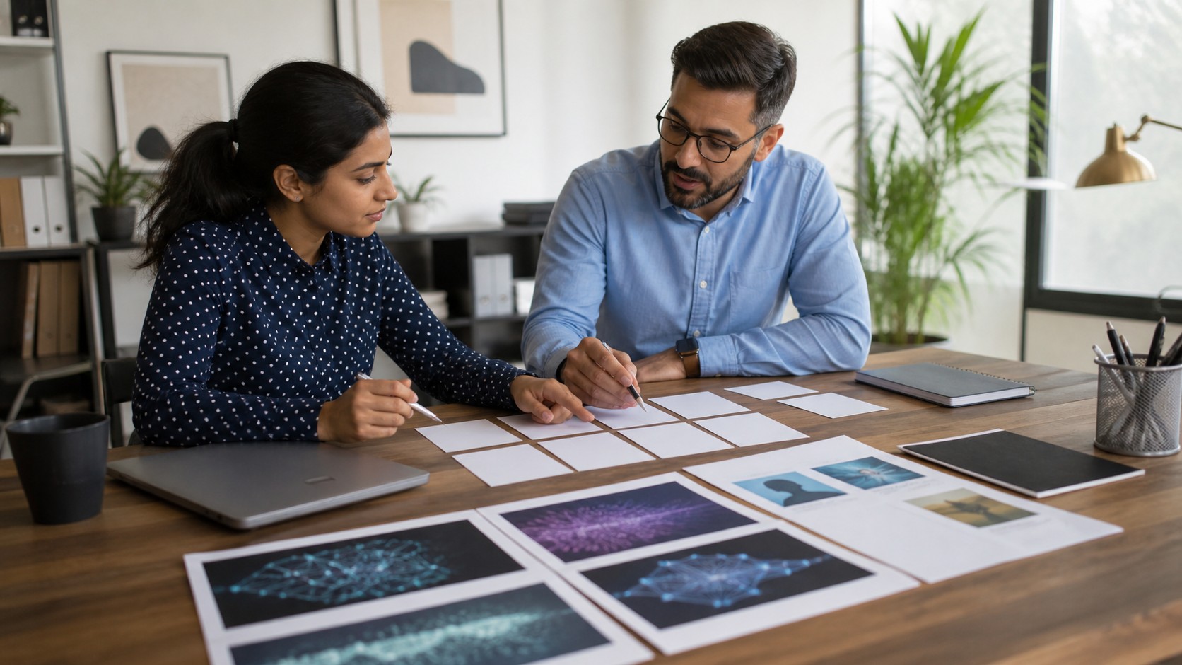 Aspiring AI professional arranging blank career route cards with a mentor