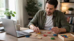 Adult beginner exploring artificial intelligence concepts with paper notes and a laptop in a quiet home workspace
