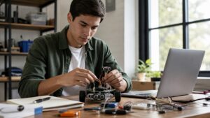Learner assembling a small AI project prototype beside a laptop