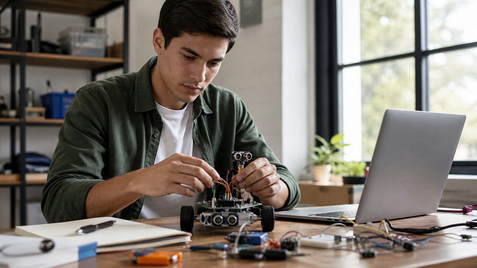 Learner assembling a small AI project prototype beside a laptop