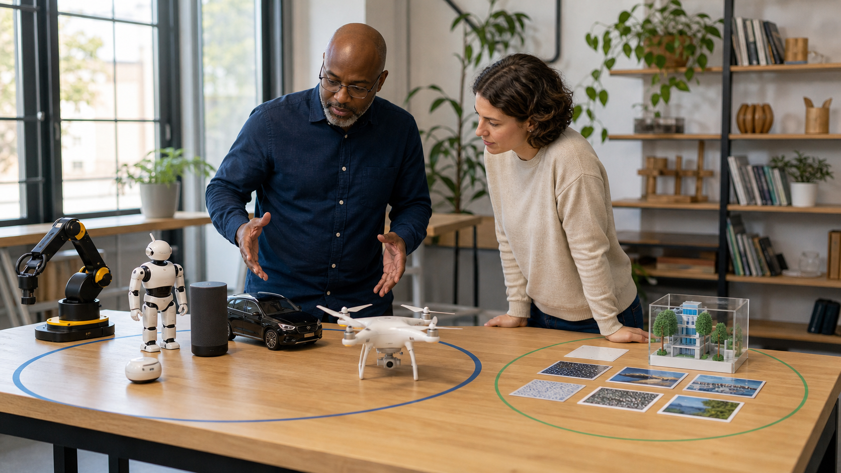 Instructor comparing artificial intelligence and machine learning with physical objects on two adjoining worktables