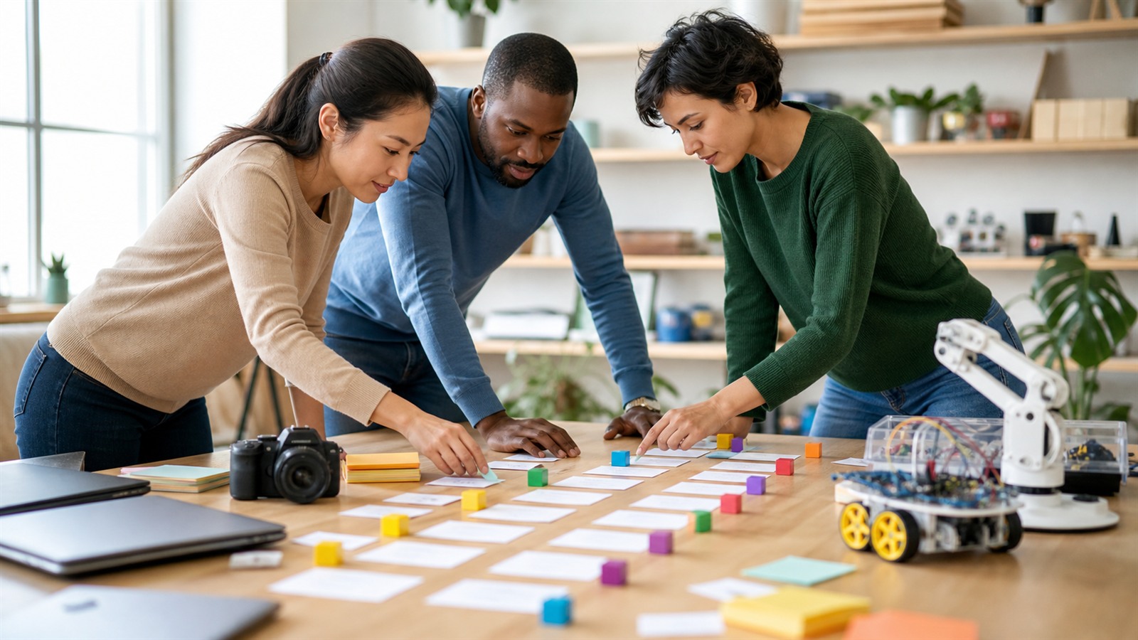 Diverse adult learners organizing an artificial intelligence curriculum with physical learning materials around a large table
