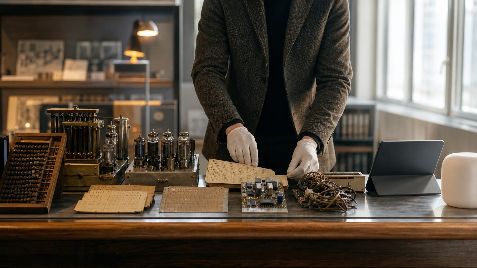 Archive table with vintage computing artifacts arranged to show the history of AI