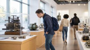 Learners exploring a gallery of technology artifacts showing AI evolution