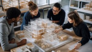 Study group reviewing a layered model structure as an analogy for AI architecture