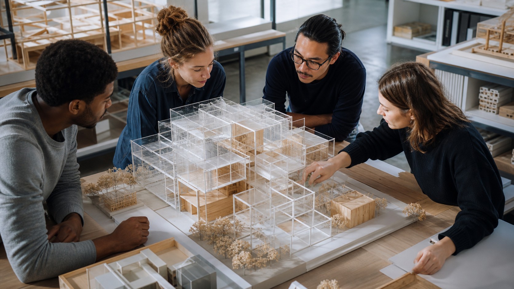 Study group reviewing a layered model structure as an analogy for AI architecture