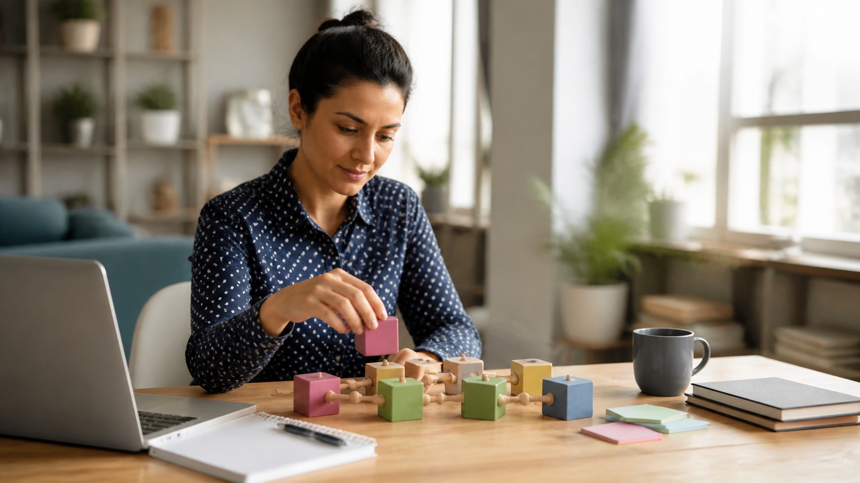 Beginner learner arranging connected blocks to understand AI model concepts