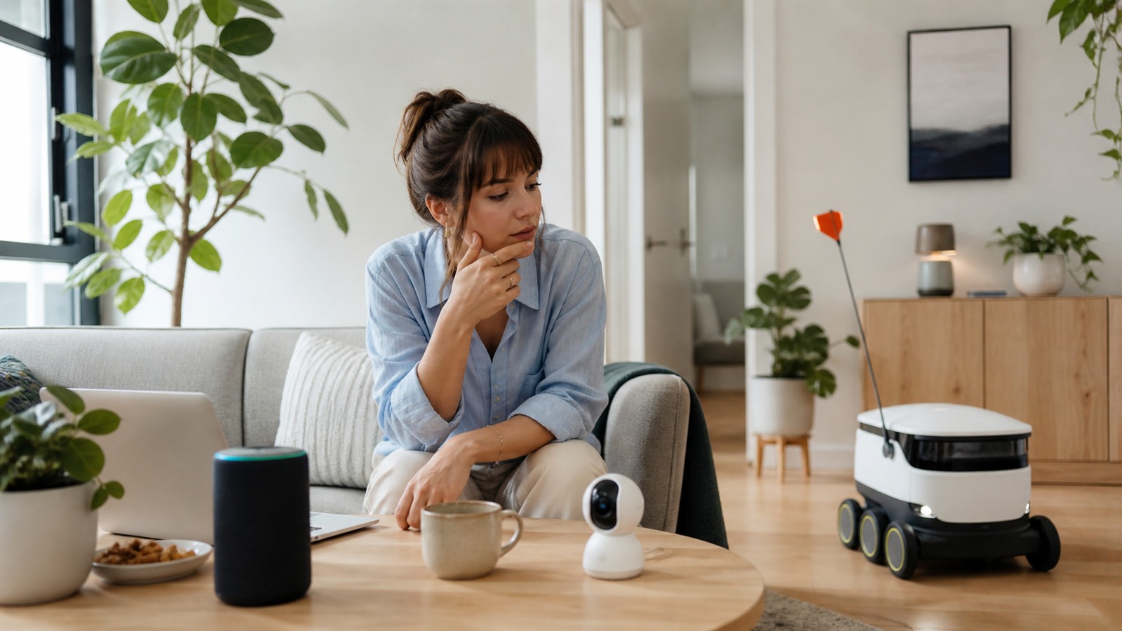 Everyday artificial intelligence represented by a person interacting with connected real-world smart devices in a bright room