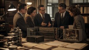 Researchers examining vintage computing machinery in an archive room